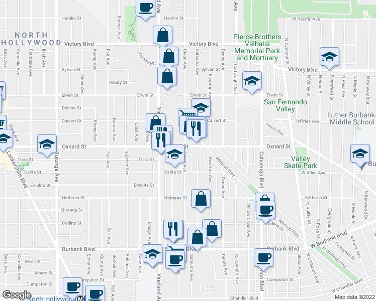 map of restaurants, bars, coffee shops, grocery stores, and more near 10858 Oxnard Street in Los Angeles