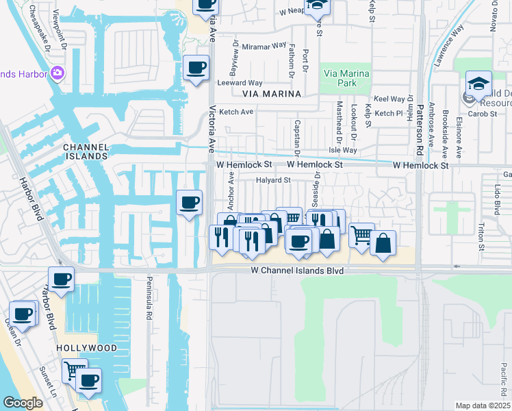 map of restaurants, bars, coffee shops, grocery stores, and more near 2567 Spinnaker Avenue in Port Hueneme