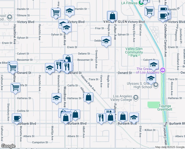 map of restaurants, bars, coffee shops, grocery stores, and more near 13454 Oxnard Street in Los Angeles