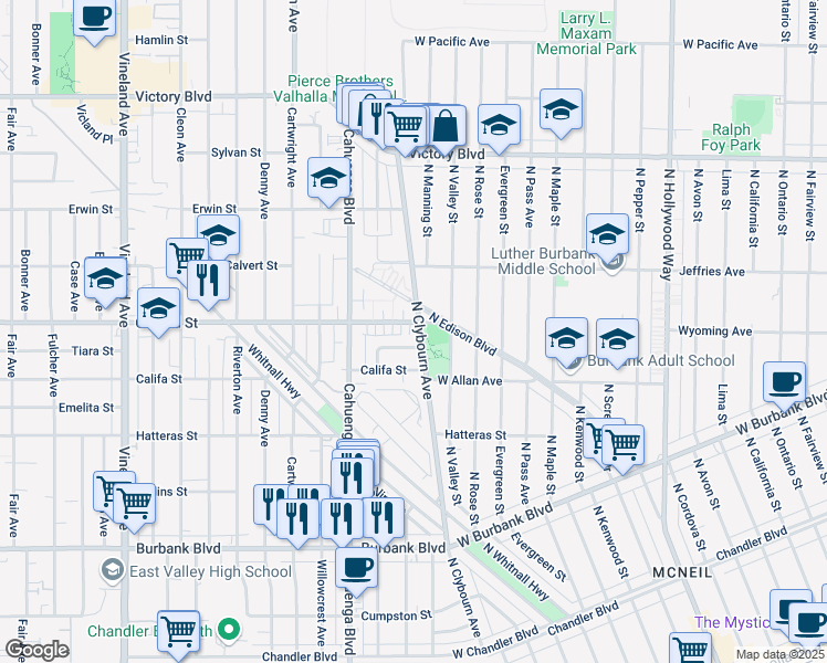 map of restaurants, bars, coffee shops, grocery stores, and more near 10405 Tiara Street in Los Angeles