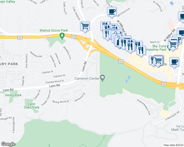 map of restaurants, bars, coffee shops, grocery stores, and more near 607 Westchester Lane in Thousand Oaks