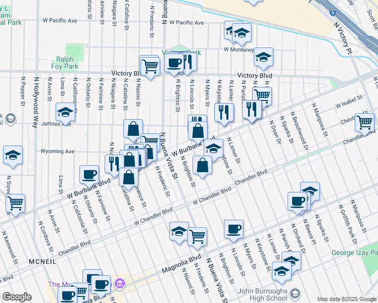 map of restaurants, bars, coffee shops, grocery stores, and more near 2306 West Burbank Boulevard in Burbank