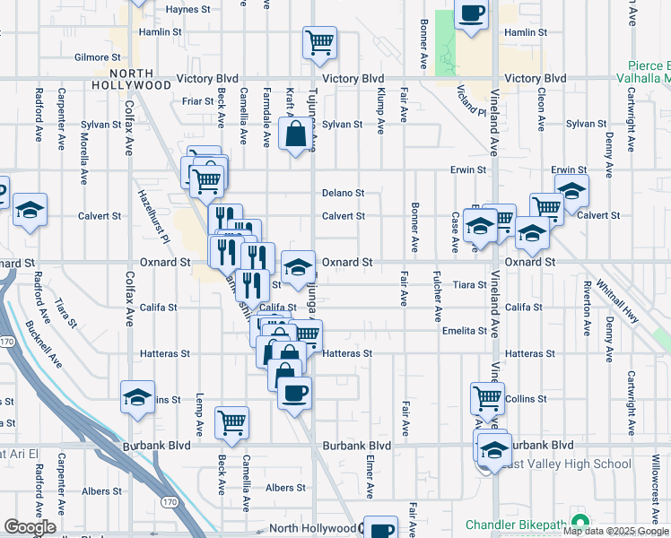 map of restaurants, bars, coffee shops, grocery stores, and more near 11334 Oxnard Street in Los Angeles