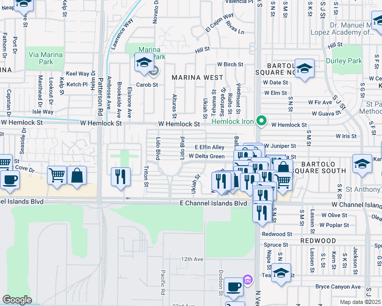 map of restaurants, bars, coffee shops, grocery stores, and more near 137 West Delta Green in Port Hueneme