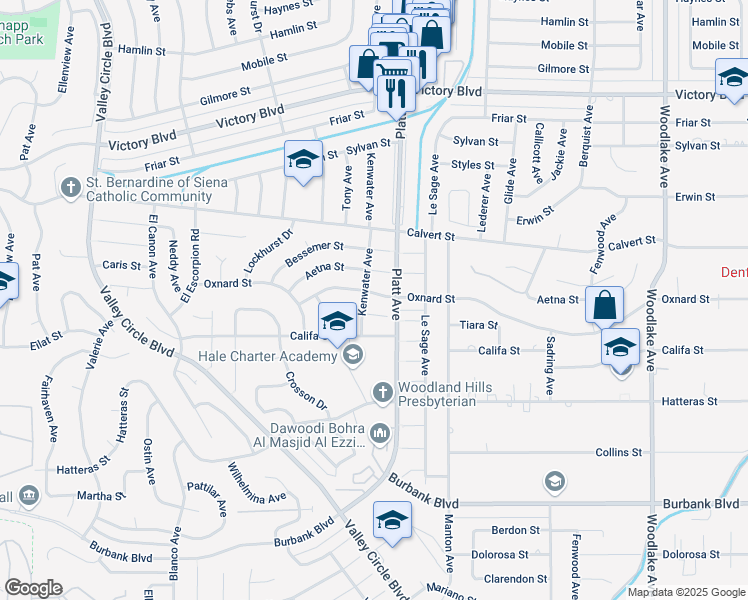 map of restaurants, bars, coffee shops, grocery stores, and more near 23726 West Oxnard Street in Los Angeles