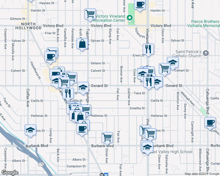 map of restaurants, bars, coffee shops, grocery stores, and more near 11232 Oxnard Street in Los Angeles