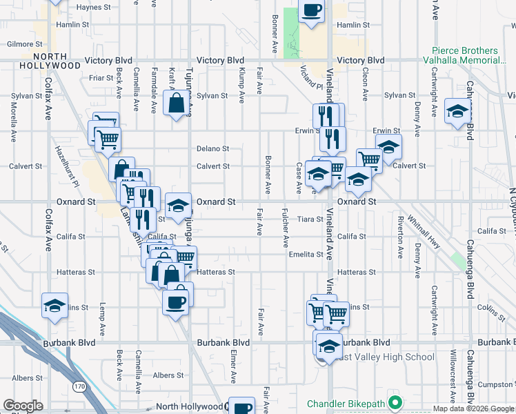 map of restaurants, bars, coffee shops, grocery stores, and more near 11202 Oxnard Street in Los Angeles