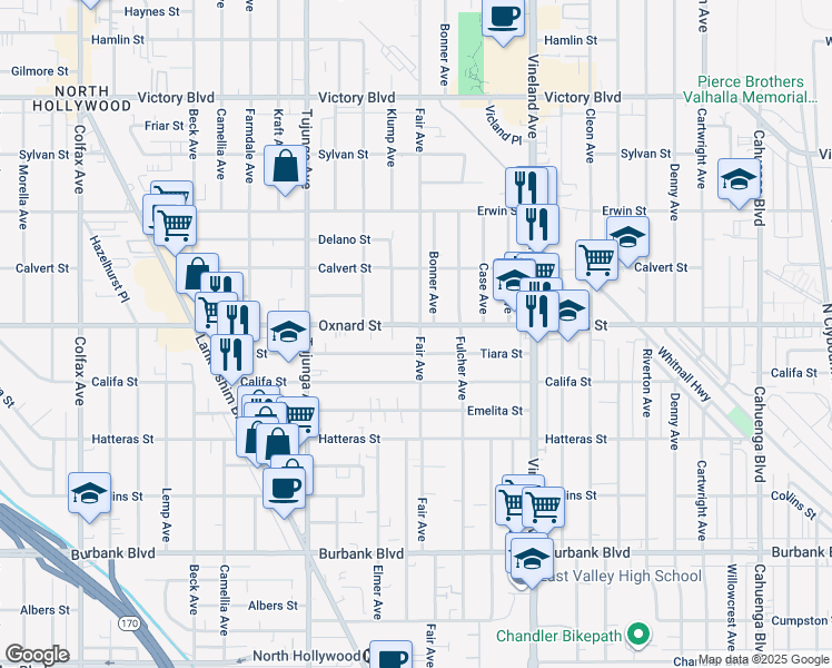 map of restaurants, bars, coffee shops, grocery stores, and more near 11202 Oxnard Street in Los Angeles
