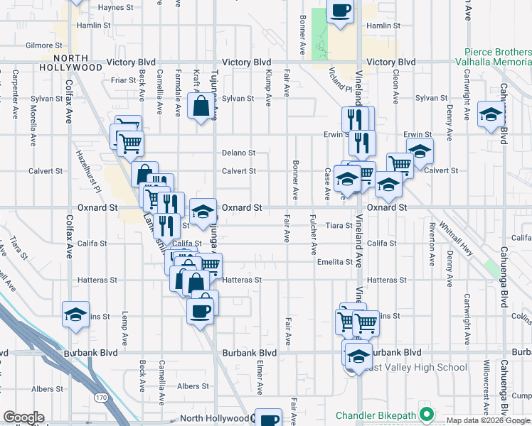 map of restaurants, bars, coffee shops, grocery stores, and more near 11238 Oxnard Street in Los Angeles