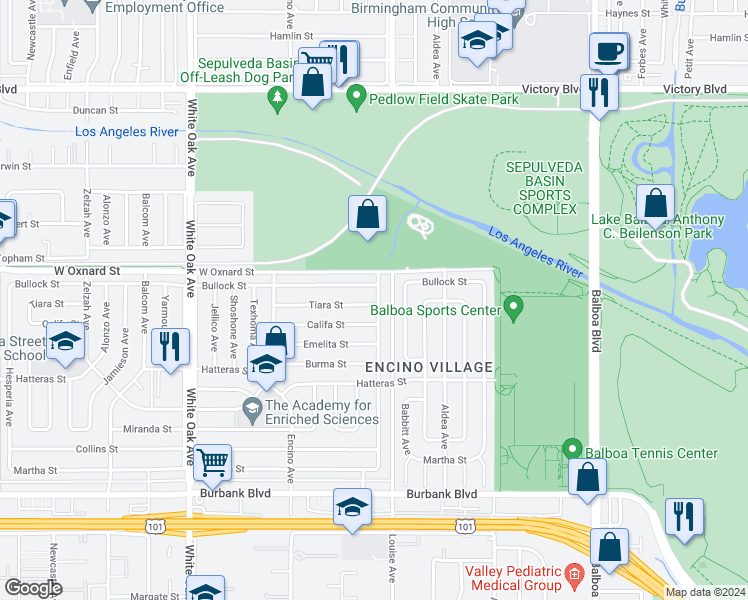 map of restaurants, bars, coffee shops, grocery stores, and more near 17321 Tiara Street in Los Angeles