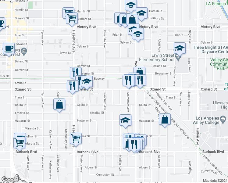 map of restaurants, bars, coffee shops, grocery stores, and more near 13822 Oxnard Street in Los Angeles