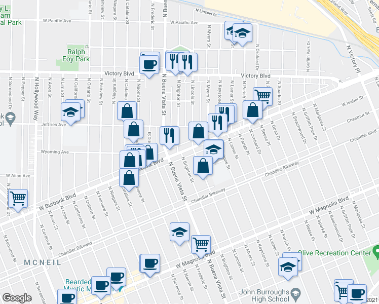 map of restaurants, bars, coffee shops, grocery stores, and more near 2306 West Burbank Boulevard in Burbank