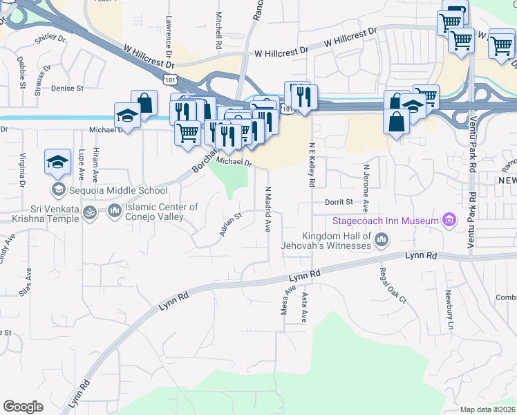 map of restaurants, bars, coffee shops, grocery stores, and more near 46 North Northam Avenue in Thousand Oaks