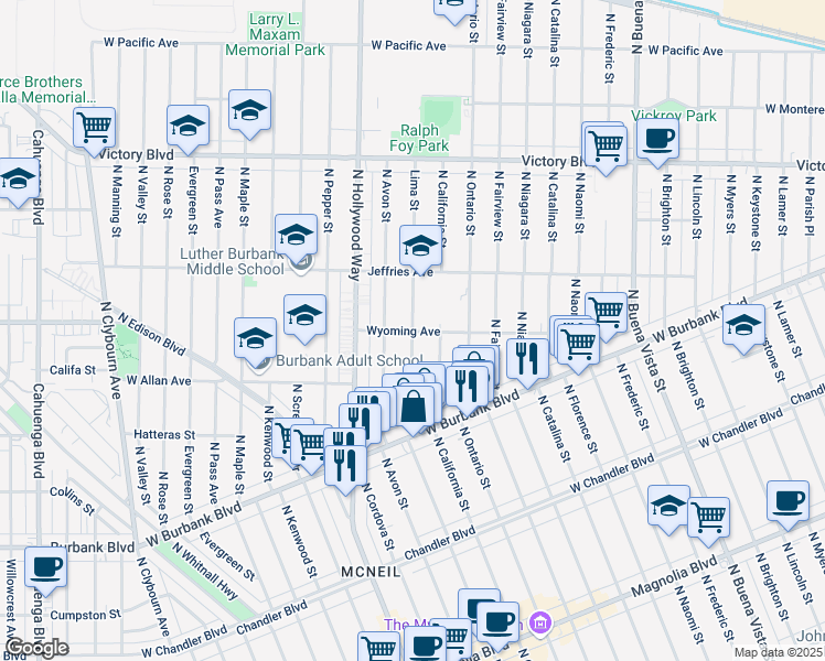 map of restaurants, bars, coffee shops, grocery stores, and more near Lima Street in Burbank