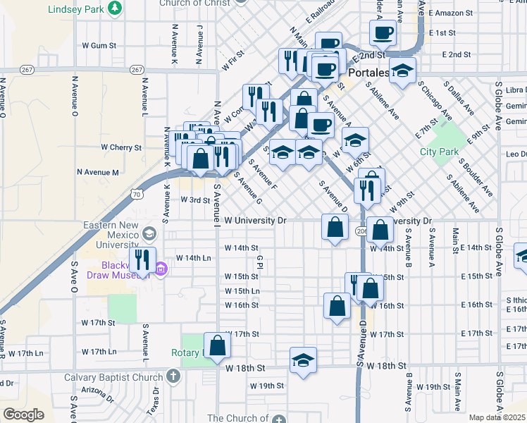 map of restaurants, bars, coffee shops, grocery stores, and more near 418 South Avenue G in Portales
