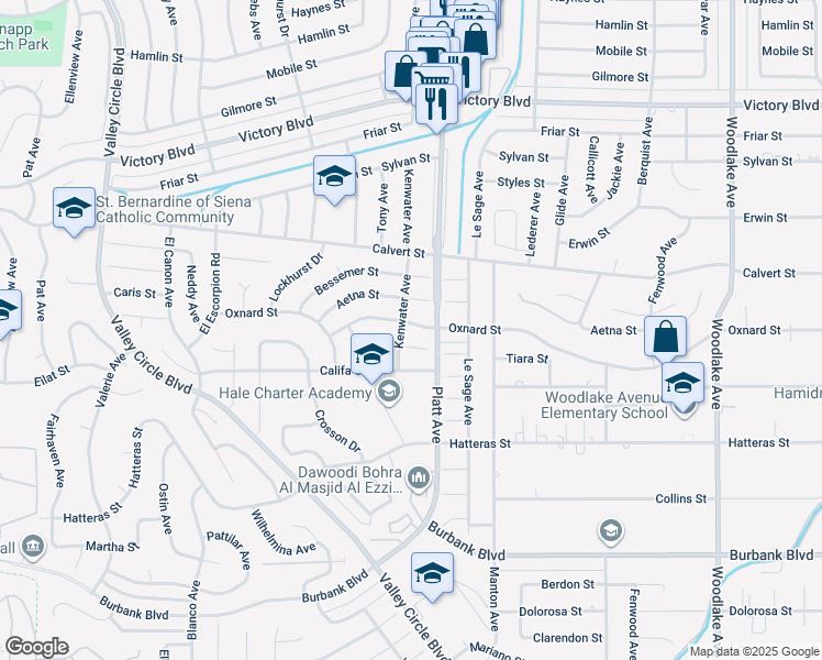 map of restaurants, bars, coffee shops, grocery stores, and more near 23726 West Oxnard Street in Los Angeles