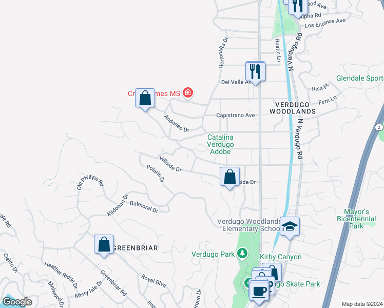 map of restaurants, bars, coffee shops, grocery stores, and more near 1440 Wabasso Way in Glendale