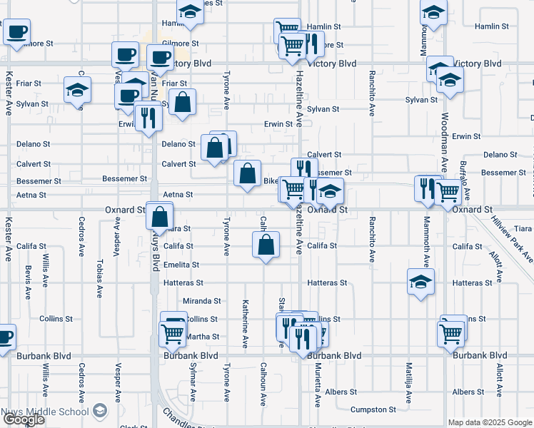 map of restaurants, bars, coffee shops, grocery stores, and more near 14136 Oxnard Street in Los Angeles