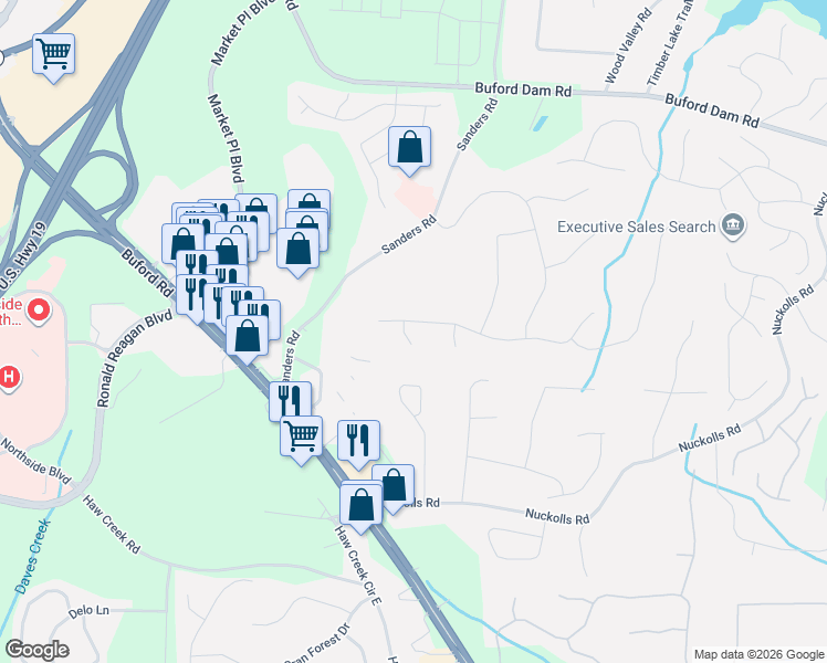 map of restaurants, bars, coffee shops, grocery stores, and more near 1740 Monarch Court in Cumming