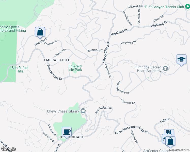 map of restaurants, bars, coffee shops, grocery stores, and more near 3575 East Chevy Chase Drive in Glendale
