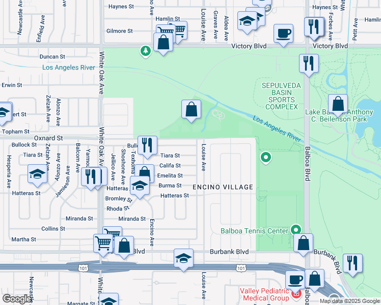 map of restaurants, bars, coffee shops, grocery stores, and more near 17321 Tiara Street in Los Angeles