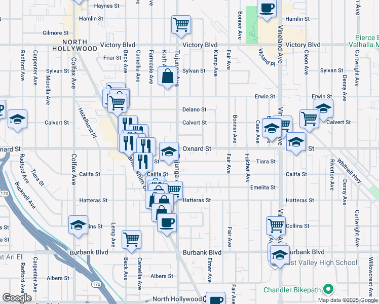 map of restaurants, bars, coffee shops, grocery stores, and more near 11334 Oxnard Street in Los Angeles