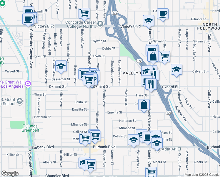 map of restaurants, bars, coffee shops, grocery stores, and more near 12344 Oxnard Street in Los Angeles