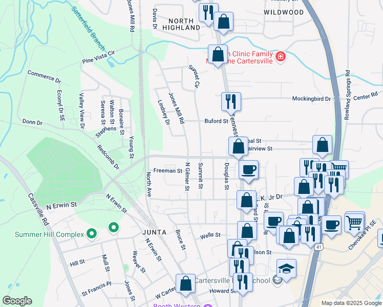 map of restaurants, bars, coffee shops, grocery stores, and more near 110 West Porter Street Southeast in Cartersville