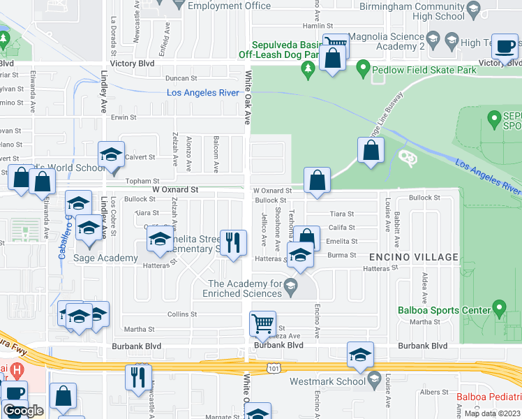 map of restaurants, bars, coffee shops, grocery stores, and more near 5959 Jellico Avenue in Los Angeles