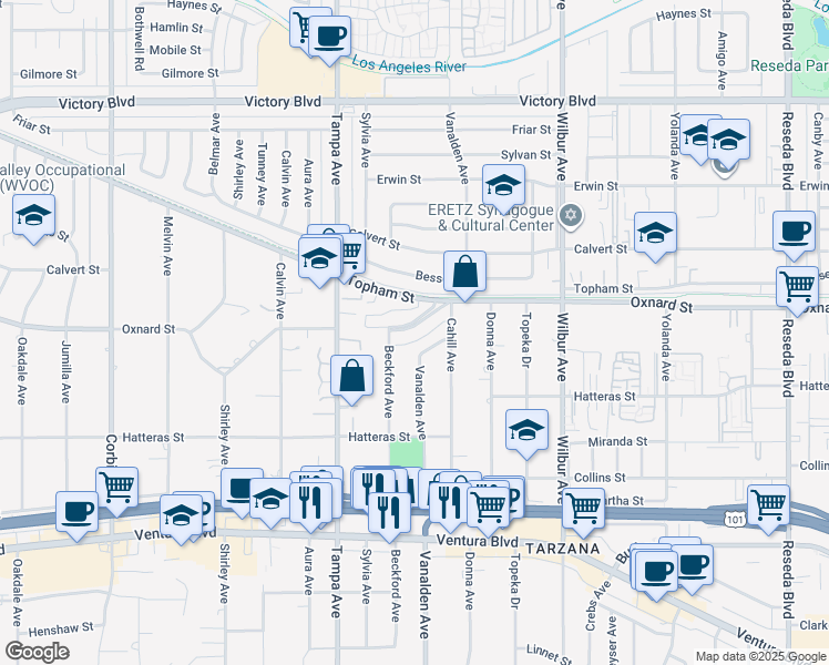 map of restaurants, bars, coffee shops, grocery stores, and more near 19166 West Oxnard Street in Los Angeles