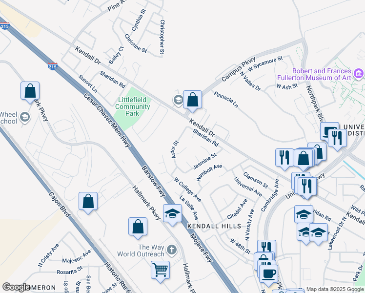 map of restaurants, bars, coffee shops, grocery stores, and more near 5530 Dahlia Street in San Bernardino