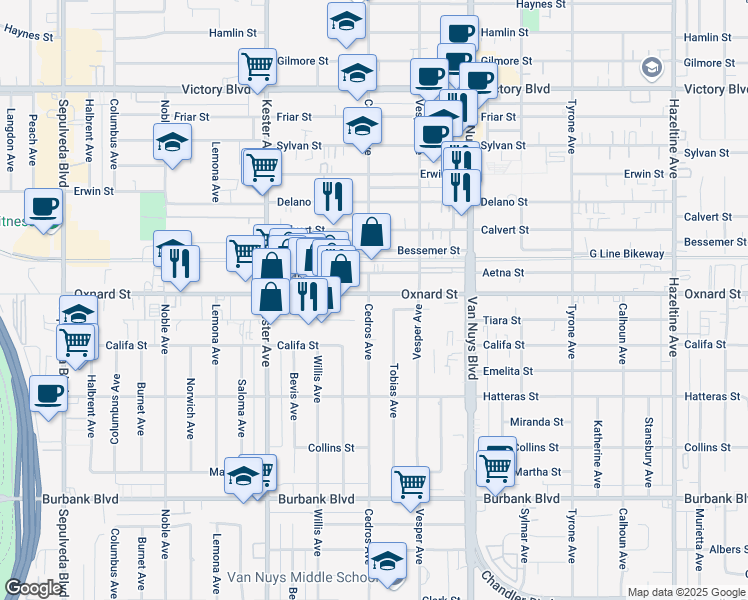 map of restaurants, bars, coffee shops, grocery stores, and more near 14700 Oxnard Street in Los Angeles