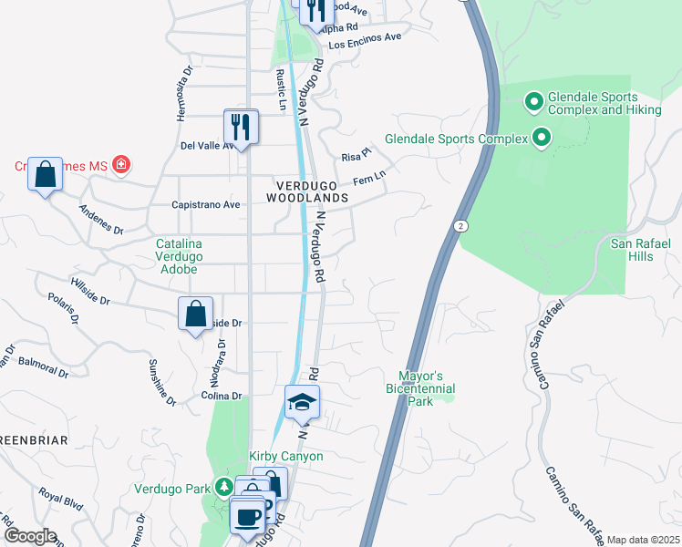 map of restaurants, bars, coffee shops, grocery stores, and more near 2104 Conchita Street in Glendale