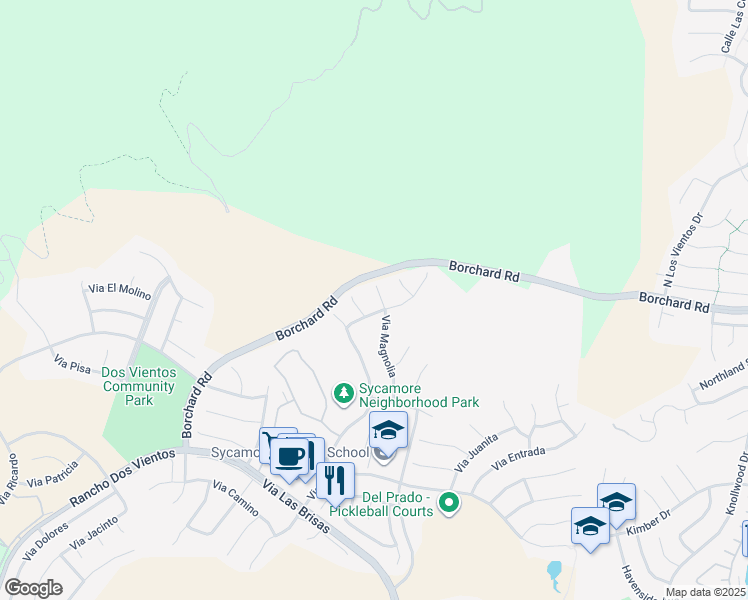 map of restaurants, bars, coffee shops, grocery stores, and more near 25 Via Magnolia in Thousand Oaks
