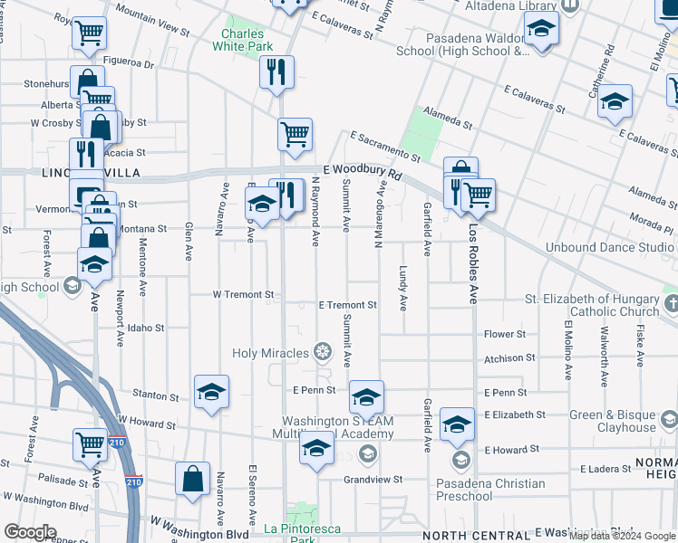 map of restaurants, bars, coffee shops, grocery stores, and more near 1941 Summit Avenue in Pasadena