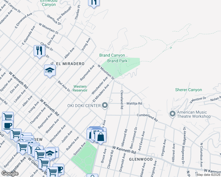 map of restaurants, bars, coffee shops, grocery stores, and more near 1735 Grandview Avenue in Glendale