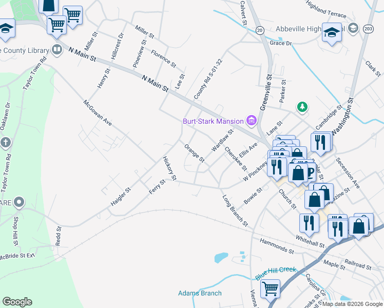 map of restaurants, bars, coffee shops, grocery stores, and more near 305 Orange Street in Abbeville