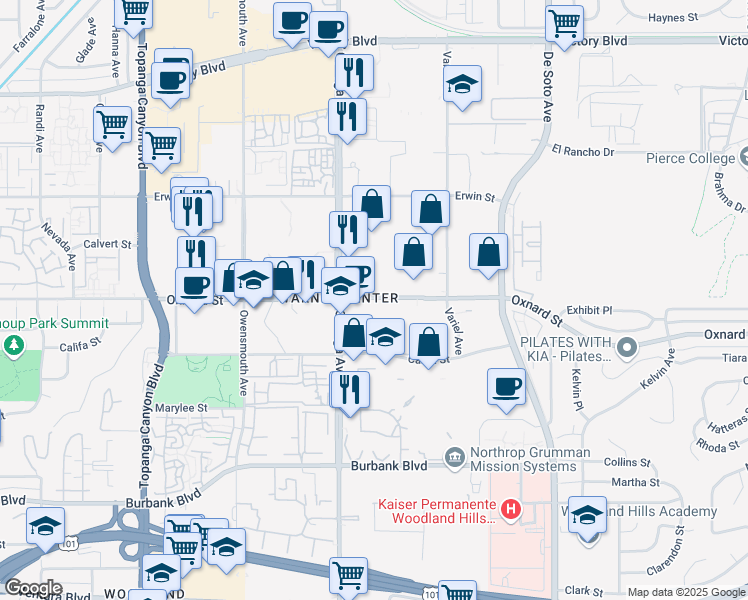 map of restaurants, bars, coffee shops, grocery stores, and more near 21322 West Oxnard Street in Los Angeles