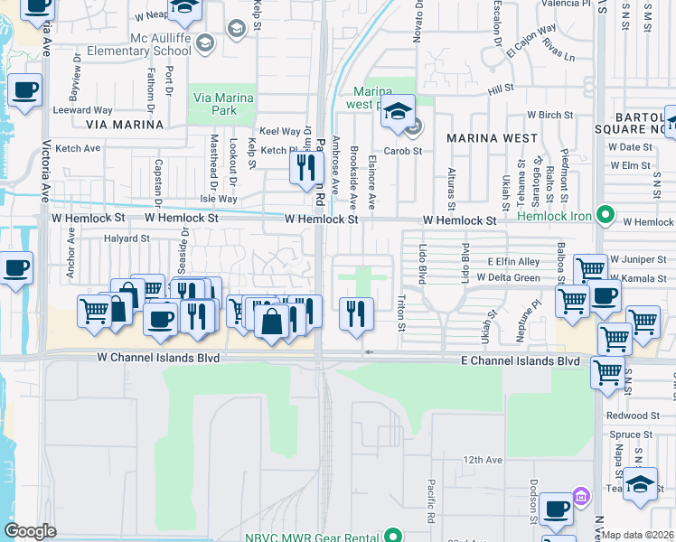 map of restaurants, bars, coffee shops, grocery stores, and more near 331 Sharon Lane in Port Hueneme