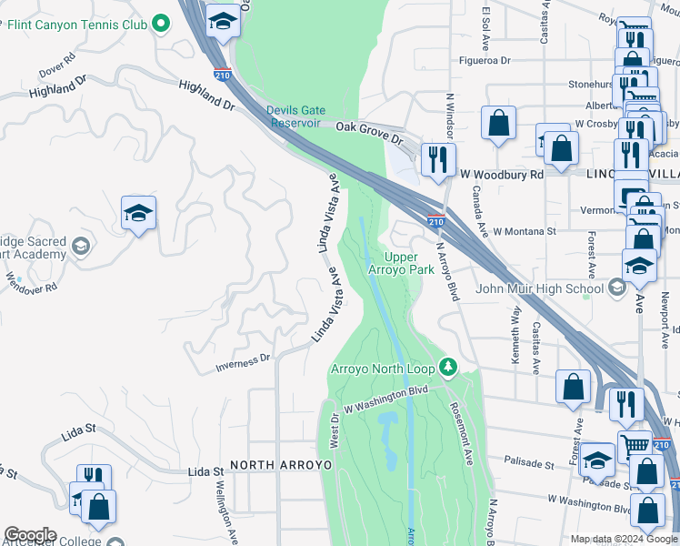 map of restaurants, bars, coffee shops, grocery stores, and more near 1918 Linda Vista Avenue in Pasadena