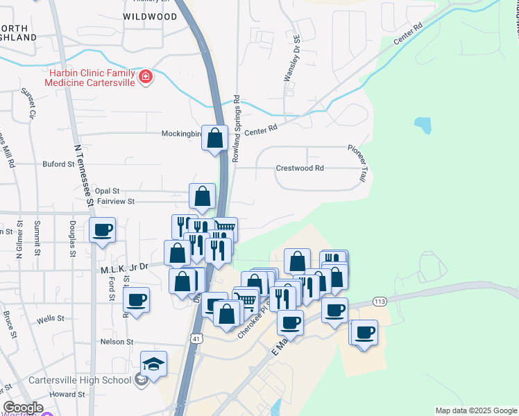 map of restaurants, bars, coffee shops, grocery stores, and more near 31 Corinth Rd in Cartersville