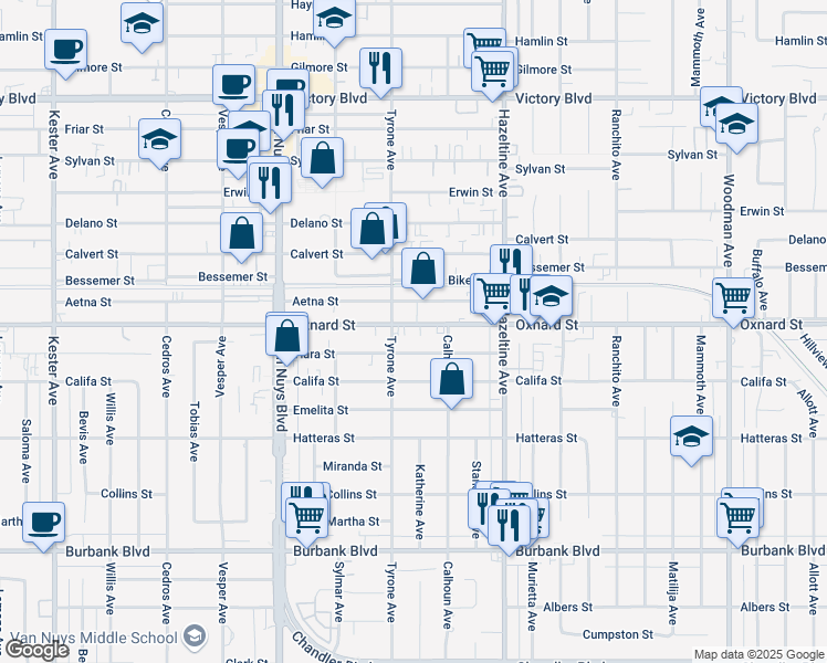 map of restaurants, bars, coffee shops, grocery stores, and more near 14222 Oxnard Street in Los Angeles