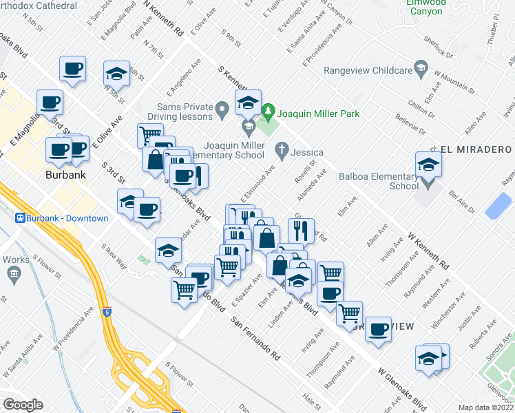 map of restaurants, bars, coffee shops, grocery stores, and more near 816 South Fifth Street in Burbank
