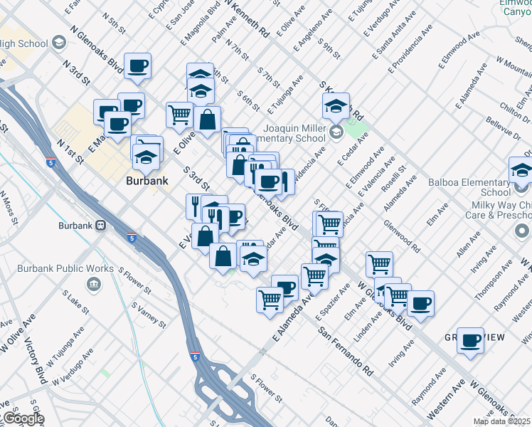map of restaurants, bars, coffee shops, grocery stores, and more near 337 East Providencia Avenue in Burbank