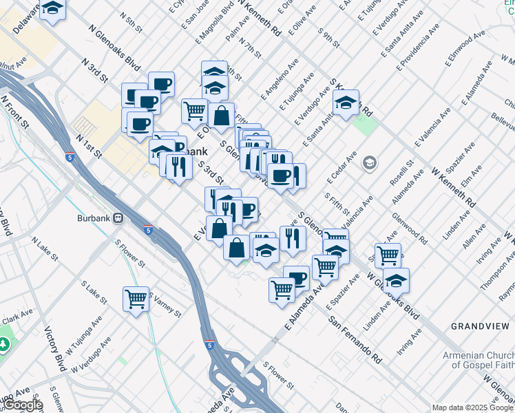 map of restaurants, bars, coffee shops, grocery stores, and more near 276 East Santa Anita Avenue in Burbank