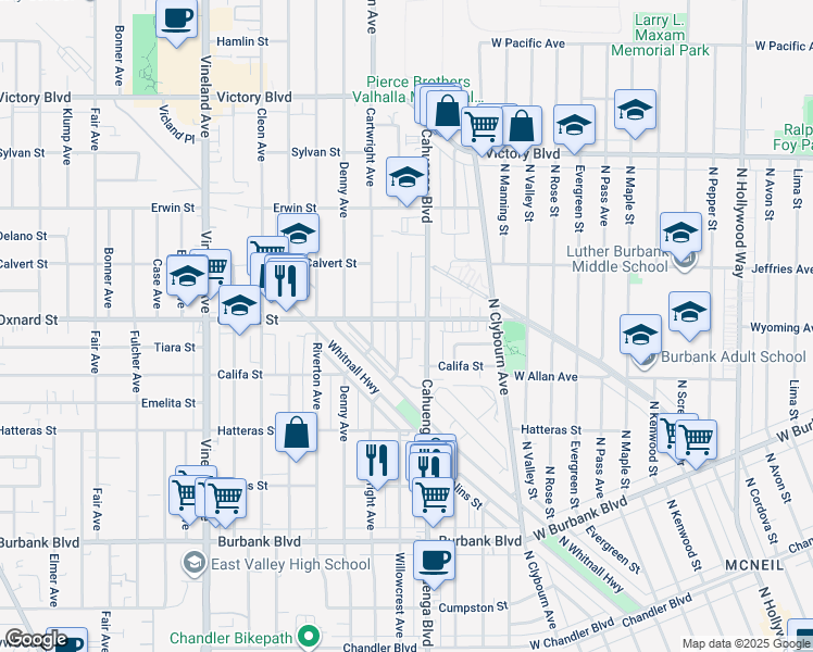 map of restaurants, bars, coffee shops, grocery stores, and more near 5941 Cahuenga Boulevard in Los Angeles