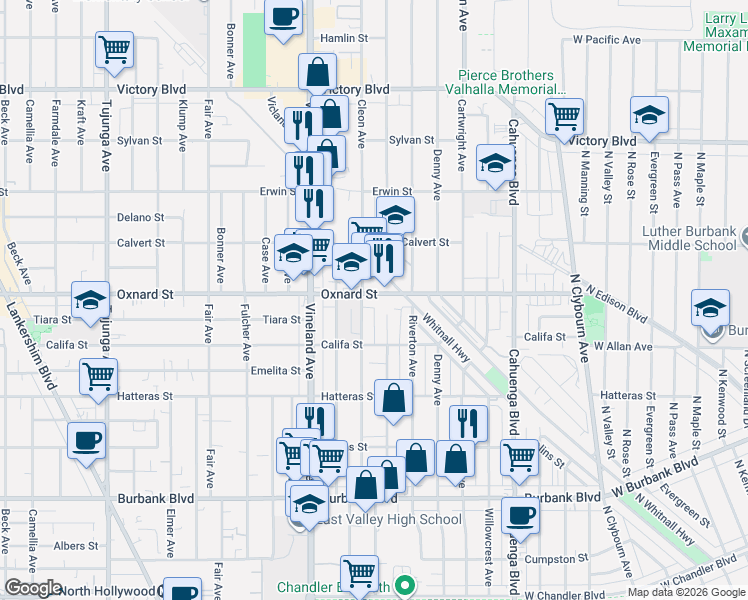 map of restaurants, bars, coffee shops, grocery stores, and more near 10858 Oxnard Street in Los Angeles