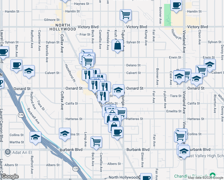 map of restaurants, bars, coffee shops, grocery stores, and more near 11421 Tiara Street in Los Angeles