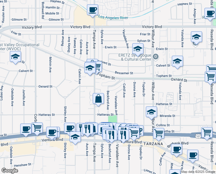 map of restaurants, bars, coffee shops, grocery stores, and more near 19166 West Oxnard Street in Los Angeles