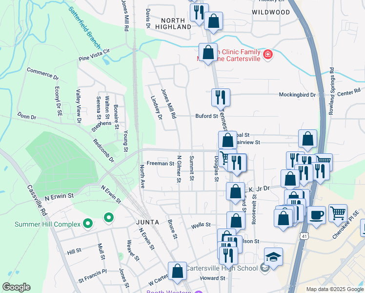 map of restaurants, bars, coffee shops, grocery stores, and more near 110 West Porter Street Southeast in Cartersville